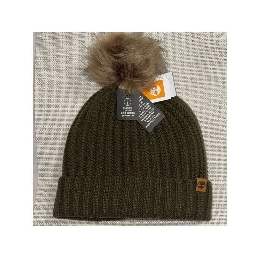 Timberland Camo Green Crochet Pattern Cable Knit Pom Pom Sherpa Lined Hat